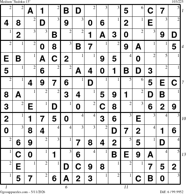The grouppuzzles.com Medium Sudoku-15 puzzle for Monday May 11, 2026, suitable for printing, with all 6 steps marked