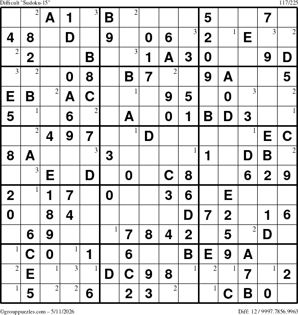 The grouppuzzles.com Difficult Sudoku-15 puzzle for Monday May 11, 2026 with the first 3 steps marked