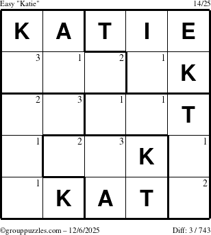 The grouppuzzles.com Easy Katie puzzle for Saturday December 6, 2025 with the first 3 steps marked