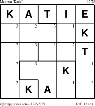 The grouppuzzles.com Medium Katie puzzle for Saturday December 6, 2025 with the first 3 steps marked