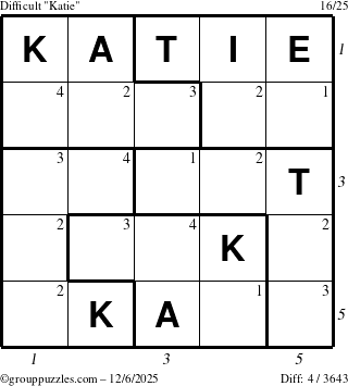 The grouppuzzles.com Difficult Katie puzzle for Saturday December 6, 2025 with all 4 steps marked