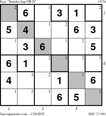 The grouppuzzles.com Easy Sudoku-6up-UR-D puzzle for Saturday December 6, 2025, suitable for printing, with all 3 steps marked
