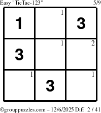 The grouppuzzles.com Easy TicTac-123 puzzle for Saturday December 6, 2025 with the first 2 steps marked