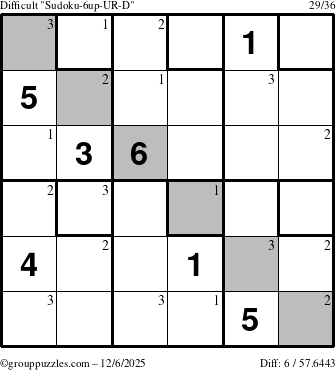 The grouppuzzles.com Difficult Sudoku-6up-UR-D puzzle for Saturday December 6, 2025 with the first 3 steps marked