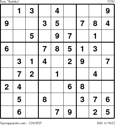 The grouppuzzles.com Easy Sudoku puzzle for Saturday December 6, 2025