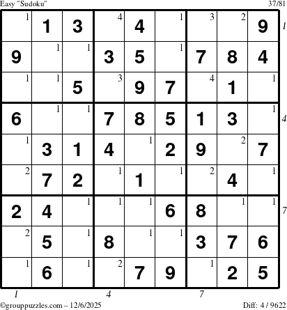 The grouppuzzles.com Easy Sudoku puzzle for Saturday December 6, 2025, suitable for printing, with all 4 steps marked