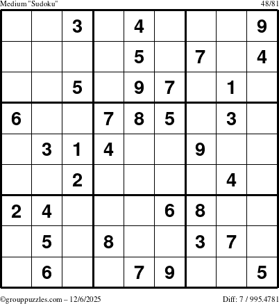 The grouppuzzles.com Medium Sudoku puzzle for Saturday December 6, 2025