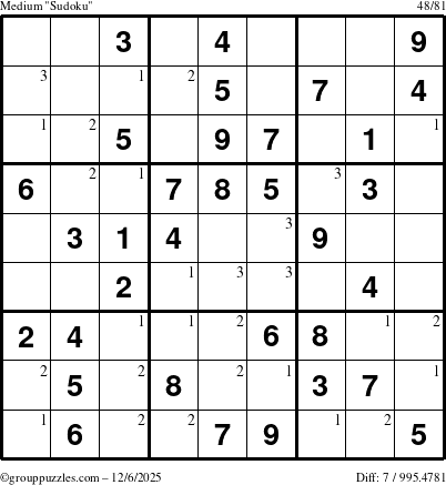 The grouppuzzles.com Medium Sudoku puzzle for Saturday December 6, 2025 with the first 3 steps marked