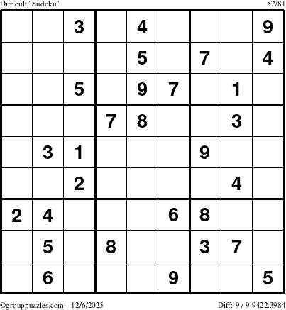 The grouppuzzles.com Difficult Sudoku puzzle for Saturday December 6, 2025