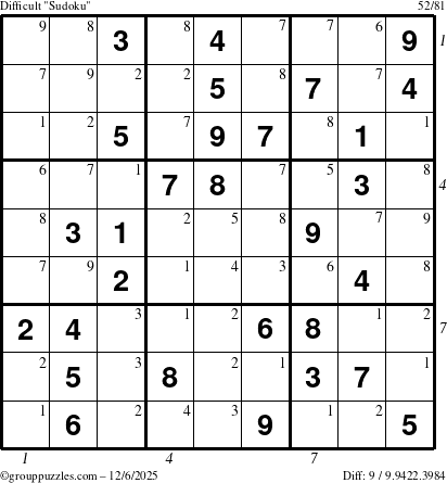 The grouppuzzles.com Difficult Sudoku puzzle for Saturday December 6, 2025 with all 9 steps marked