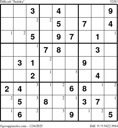 The grouppuzzles.com Difficult Sudoku puzzle for Saturday December 6, 2025 with the first 3 steps marked