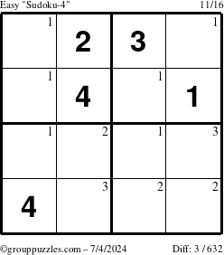 The grouppuzzles.com Easy Sudoku-4 puzzle for Thursday July 4, 2024 with the first 3 steps marked