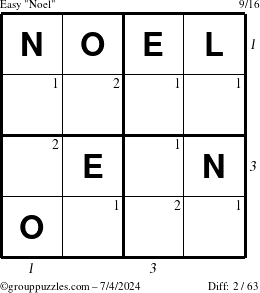 The grouppuzzles.com Easy Noel puzzle for Thursday July 4, 2024 with all 2 steps marked