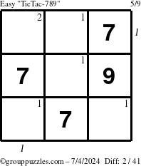 The grouppuzzles.com Easy TicTac-789 puzzle for Thursday July 4, 2024 with all 2 steps marked