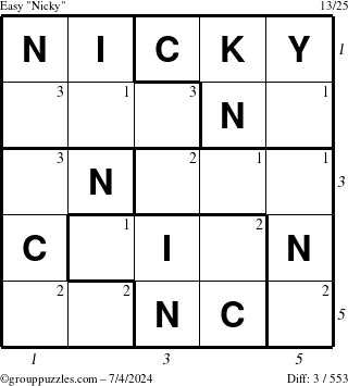 The grouppuzzles.com Easy Nicky puzzle for Thursday July 4, 2024 with all 3 steps marked