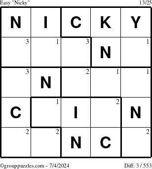 The grouppuzzles.com Easy Nicky puzzle for Thursday July 4, 2024 with the first 3 steps marked