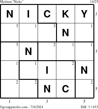 The grouppuzzles.com Medium Nicky puzzle for Thursday July 4, 2024 with all 3 steps marked