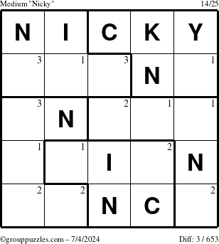 The grouppuzzles.com Medium Nicky puzzle for Thursday July 4, 2024 with the first 3 steps marked