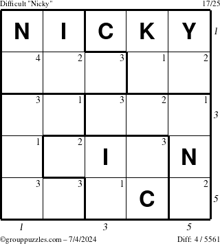 The grouppuzzles.com Difficult Nicky puzzle for Thursday July 4, 2024 with all 4 steps marked