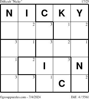 The grouppuzzles.com Difficult Nicky puzzle for Thursday July 4, 2024 with the first 3 steps marked