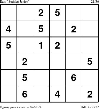 The grouppuzzles.com Easy Sudoku-Junior puzzle for Thursday July 4, 2024