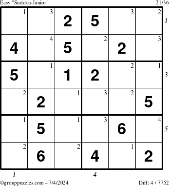 The grouppuzzles.com Easy Sudoku-Junior puzzle for Thursday July 4, 2024 with all 4 steps marked