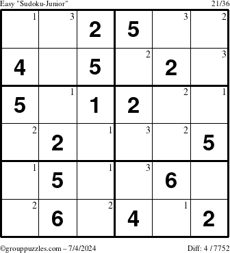 The grouppuzzles.com Easy Sudoku-Junior puzzle for Thursday July 4, 2024 with the first 3 steps marked