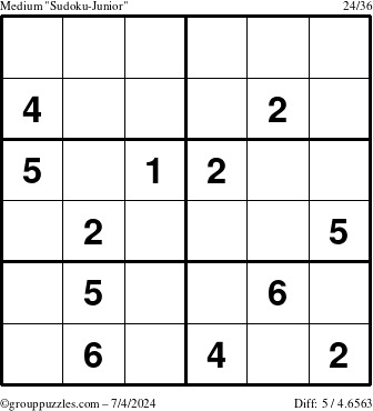 The grouppuzzles.com Medium Sudoku-Junior puzzle for Thursday July 4, 2024