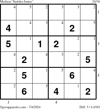 The grouppuzzles.com Medium Sudoku-Junior puzzle for Thursday July 4, 2024 with all 5 steps marked