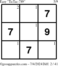 The grouppuzzles.com Easy TicTac-789 puzzle for Thursday July 4, 2024 with the first 2 steps marked