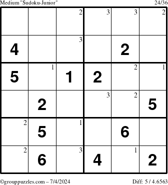 The grouppuzzles.com Medium Sudoku-Junior puzzle for Thursday July 4, 2024 with the first 3 steps marked