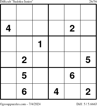 The grouppuzzles.com Difficult Sudoku-Junior puzzle for Thursday July 4, 2024