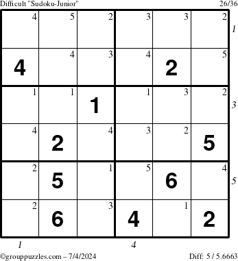 The grouppuzzles.com Difficult Sudoku-Junior puzzle for Thursday July 4, 2024, suitable for printing, with all 5 steps marked