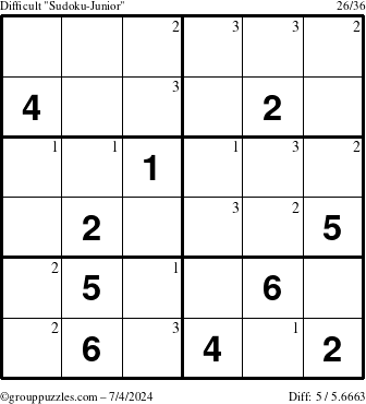 The grouppuzzles.com Difficult Sudoku-Junior puzzle for Thursday July 4, 2024 with the first 3 steps marked