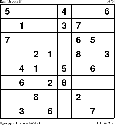 The grouppuzzles.com Easy Sudoku-8 puzzle for Thursday July 4, 2024