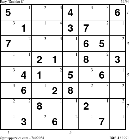 The grouppuzzles.com Easy Sudoku-8 puzzle for Thursday July 4, 2024 with all 4 steps marked