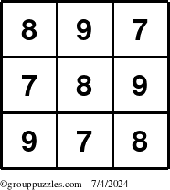 The grouppuzzles.com Answer grid for the TicTac-789 puzzle for Thursday July 4, 2024