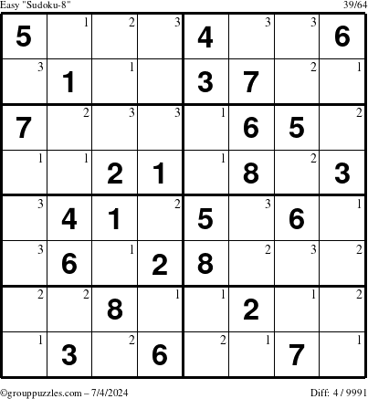 The grouppuzzles.com Easy Sudoku-8 puzzle for Thursday July 4, 2024 with the first 3 steps marked