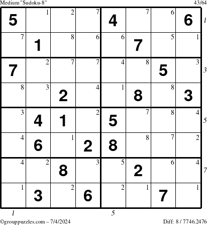 The grouppuzzles.com Medium Sudoku-8 puzzle for Thursday July 4, 2024 with all 8 steps marked