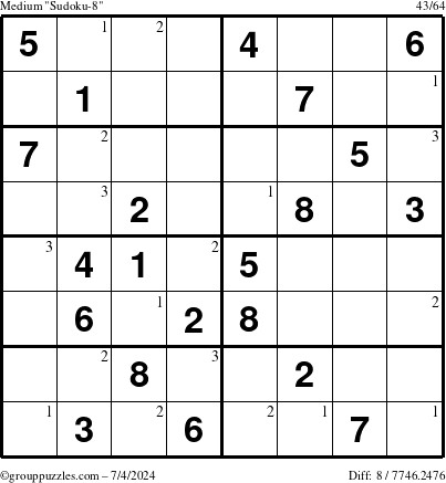 The grouppuzzles.com Medium Sudoku-8 puzzle for Thursday July 4, 2024 with the first 3 steps marked