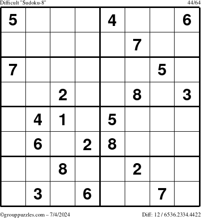 The grouppuzzles.com Difficult Sudoku-8 puzzle for Thursday July 4, 2024