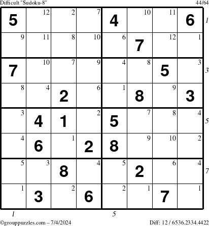 The grouppuzzles.com Difficult Sudoku-8 puzzle for Thursday July 4, 2024 with all 12 steps marked