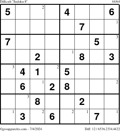 The grouppuzzles.com Difficult Sudoku-8 puzzle for Thursday July 4, 2024 with the first 3 steps marked