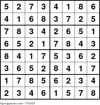 The grouppuzzles.com Answer grid for the Sudoku-8 puzzle for Thursday July 4, 2024