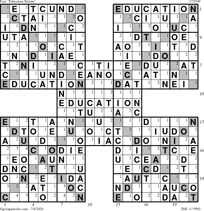 The grouppuzzles.com Easy Education-Xtreme puzzle for Thursday July 4, 2024, suitable for printing, with all 4 steps marked