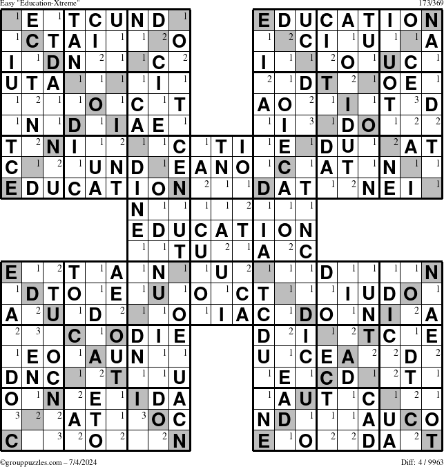 The grouppuzzles.com Easy Education-Xtreme puzzle for Thursday July 4, 2024 with the first 3 steps marked