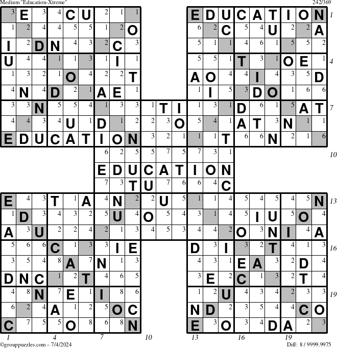 The grouppuzzles.com Medium Education-Xtreme puzzle for Thursday July 4, 2024, suitable for printing, with all 8 steps marked