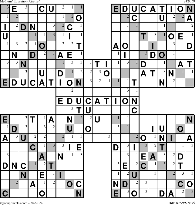 The grouppuzzles.com Medium Education-Xtreme puzzle for Thursday July 4, 2024 with the first 3 steps marked