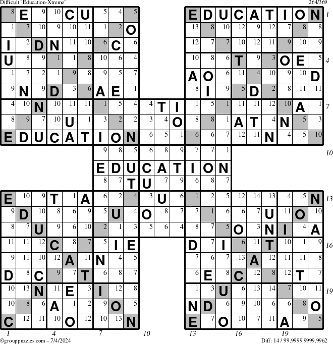 The grouppuzzles.com Difficult Education-Xtreme puzzle for Thursday July 4, 2024 with all 14 steps marked