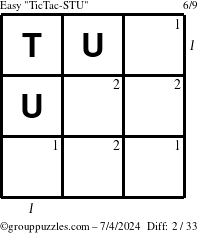 The grouppuzzles.com Easy TicTac-STU puzzle for Thursday July 4, 2024 with all 2 steps marked